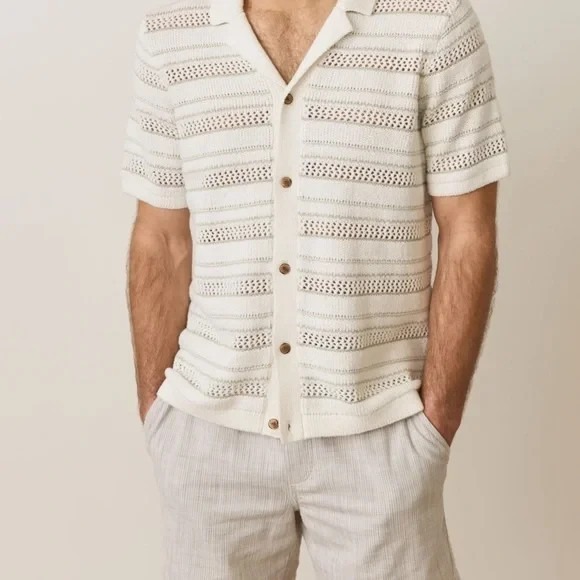 NWT Marine Layer Open Knit Stripe Button Down Shirt Men's XL Natural MSRP $128